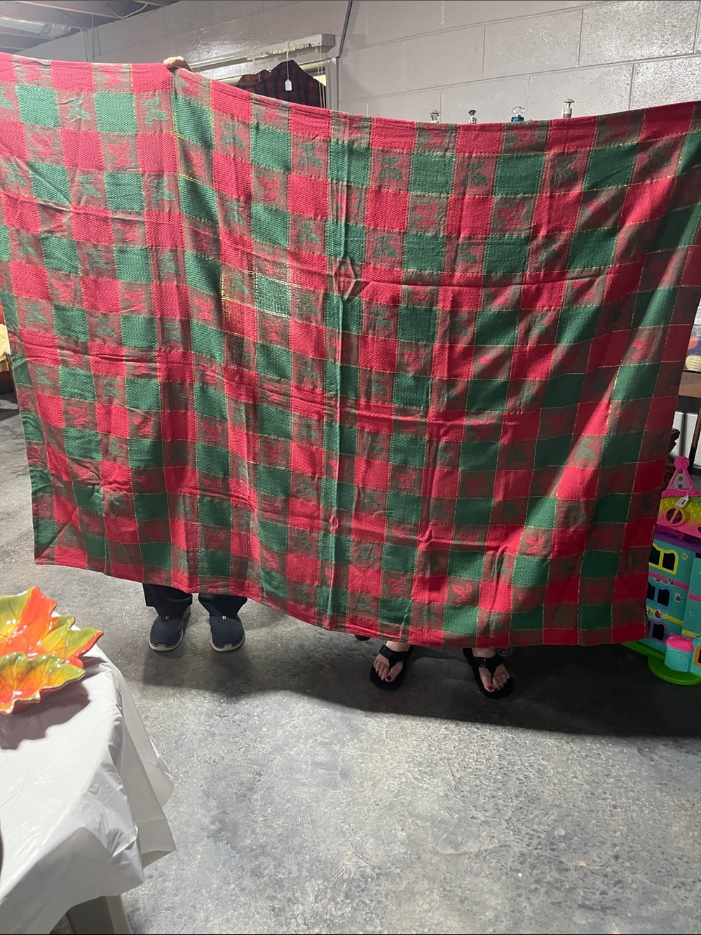 Red & Green Plaid tablecloth with gold metallic thread.